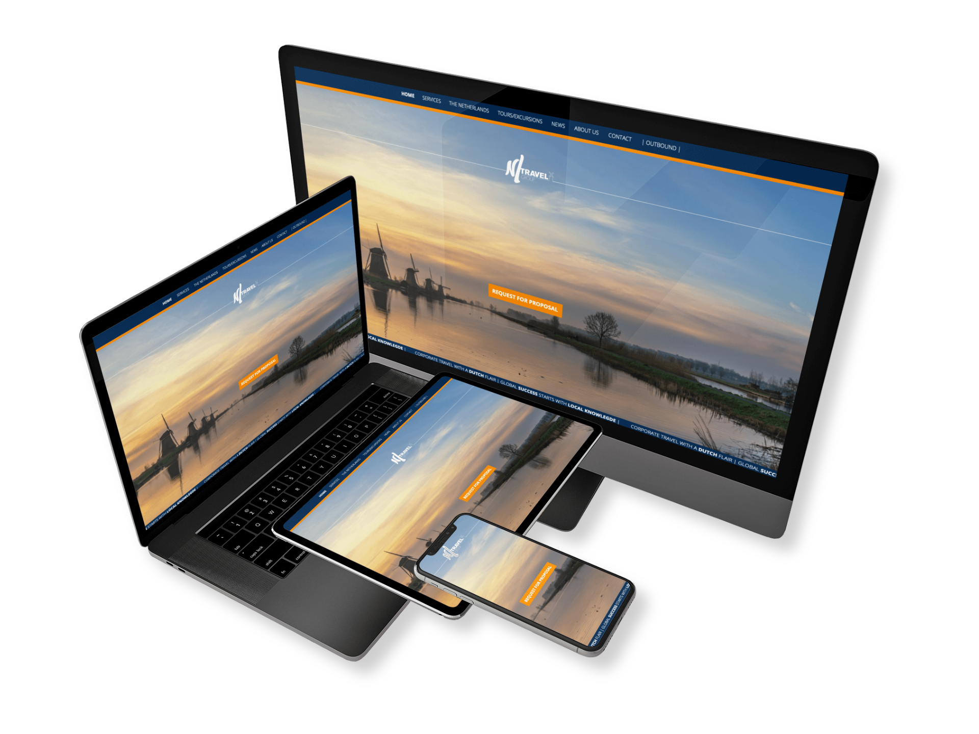Responsive en gebruiksvriendelijk webdesign NL-Travelgroup by www.mikka-websites.nl. Werkt goed op groot scherm, laptop, tablet en mobiele telefoon